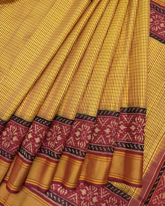 Red & Mustard Small Chex Patola Saree - SindhoiPatolaArt