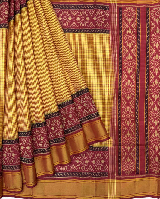 Red & Mustard Small Chex Patola Saree - SindhoiPatolaArt