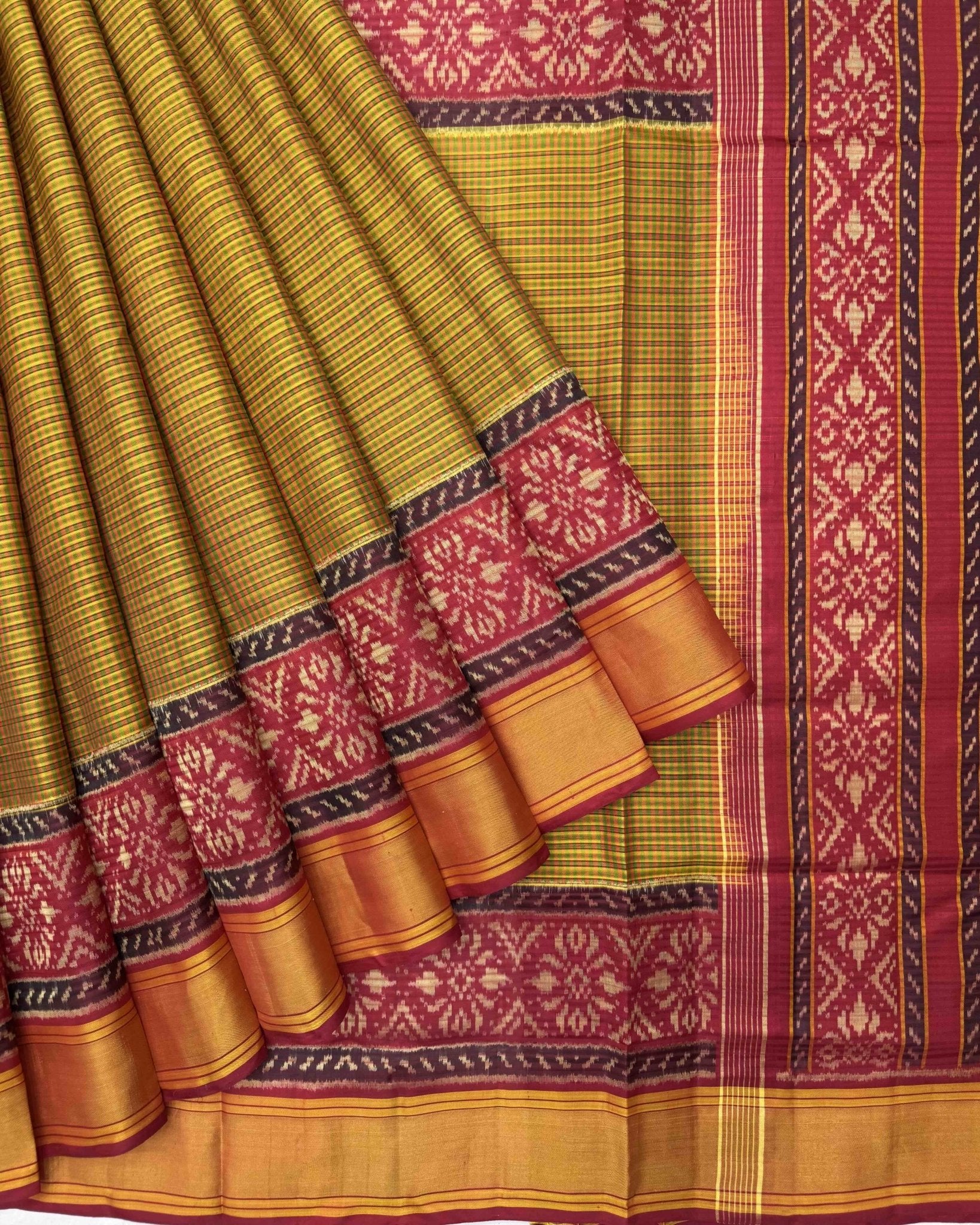 Red & Mustard Yellow Chex Patola Saree - SindhoiPatolaArt