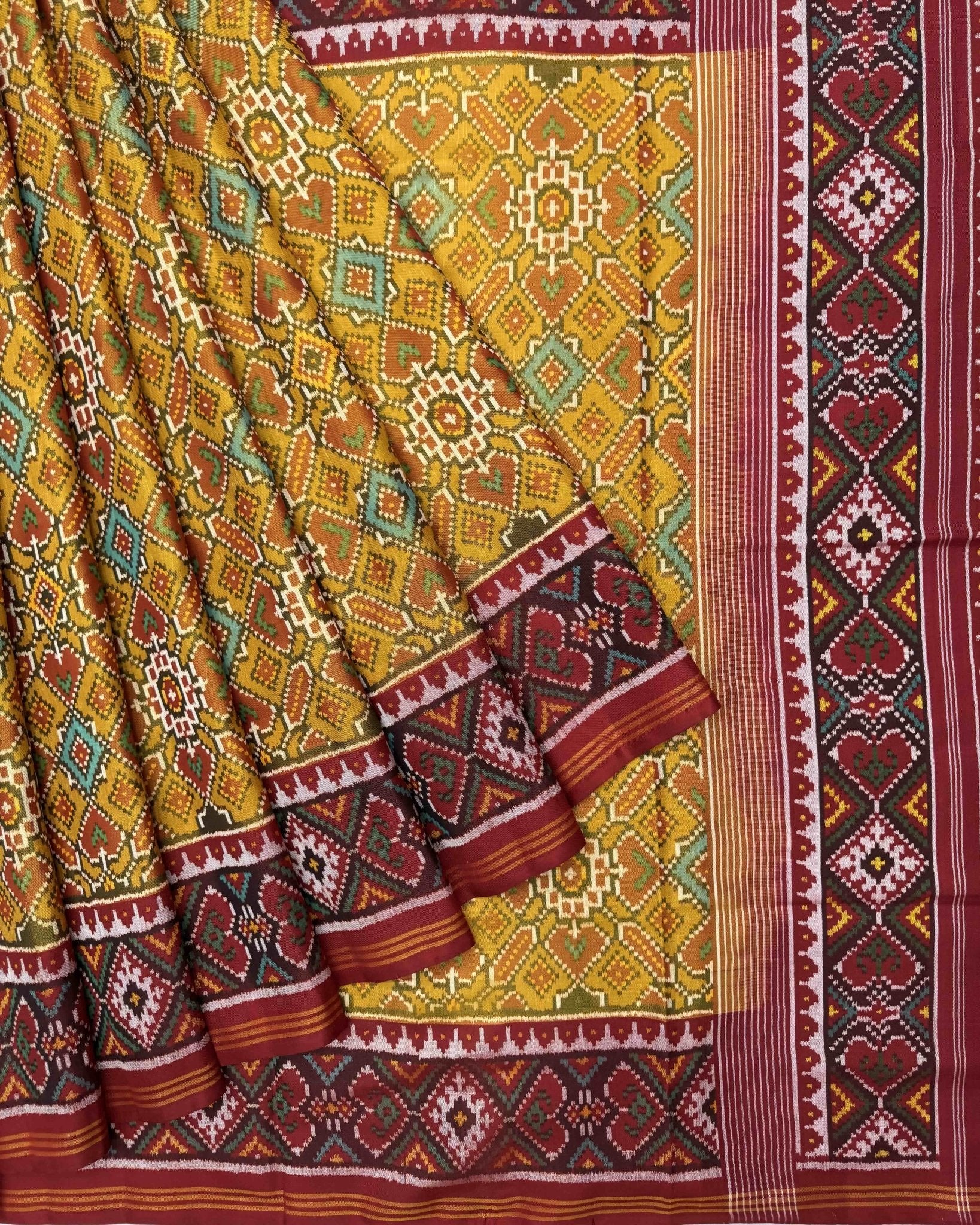 Red & Mustard Yellow Manekchowk Semi Double Ikat Patola Saree - SindhoiPatolaArt