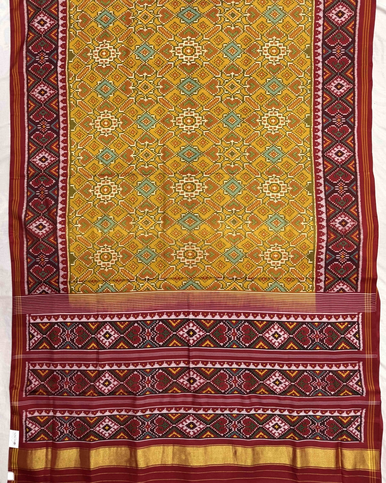 Red & Mustard Yellow Manekchowk Semi Double Ikat Patola Saree - SindhoiPatolaArt