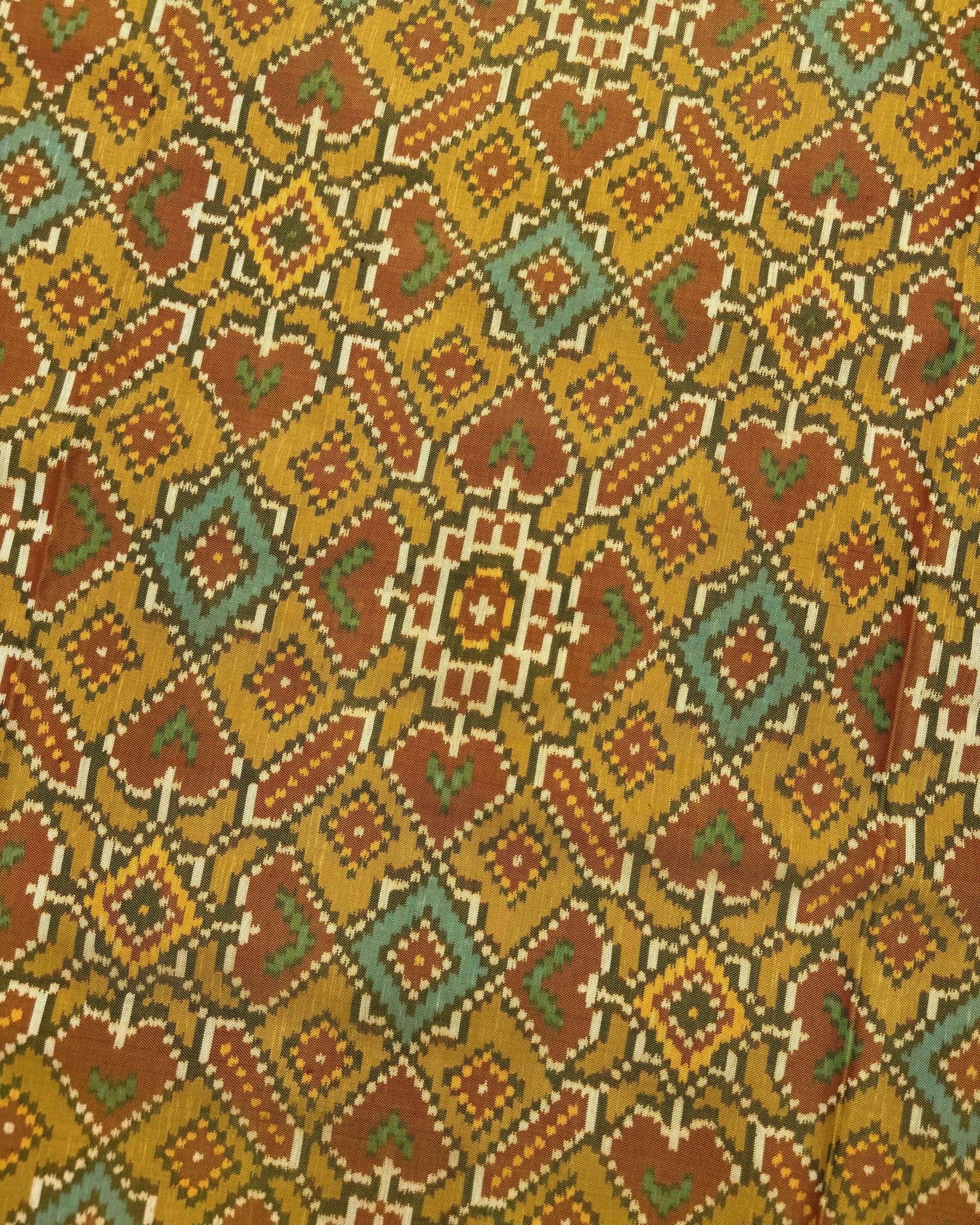 Red & Mustard Yellow Manekchowk Semi Double Ikat Patola Saree - SindhoiPatolaArt