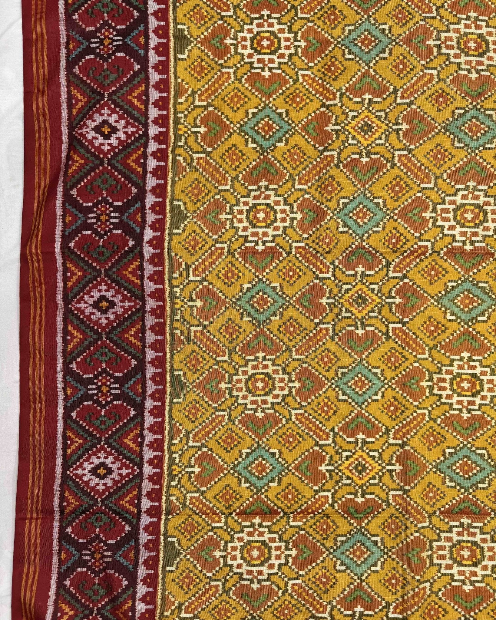 Red & Mustard Yellow Manekchowk Semi Double Ikat Patola Saree - SindhoiPatolaArt