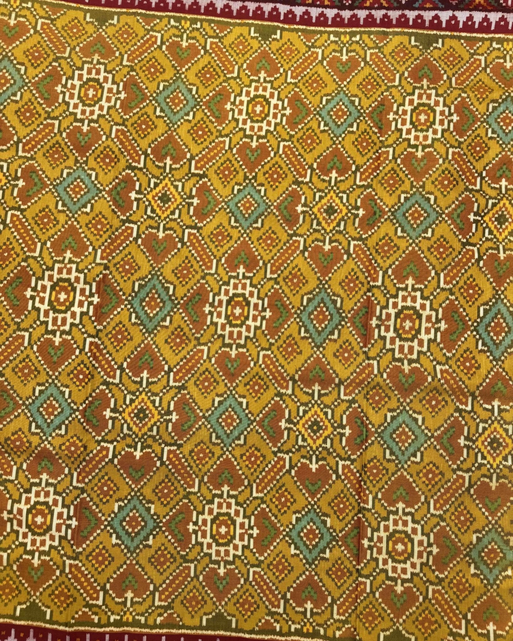 Red & Mustard Yellow Manekchowk Semi Double Ikat Patola Saree - SindhoiPatolaArt