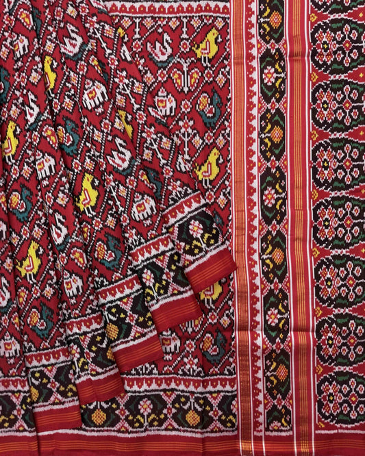 Red Narikunj Twill Patola Saree - SindhoiPatolaArt