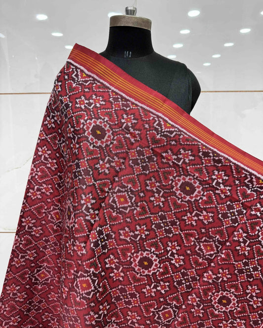 Red Navratan & Manekchowk Mix Semi Double Ikat Patola Dupatta - SindhoiPatolaArt