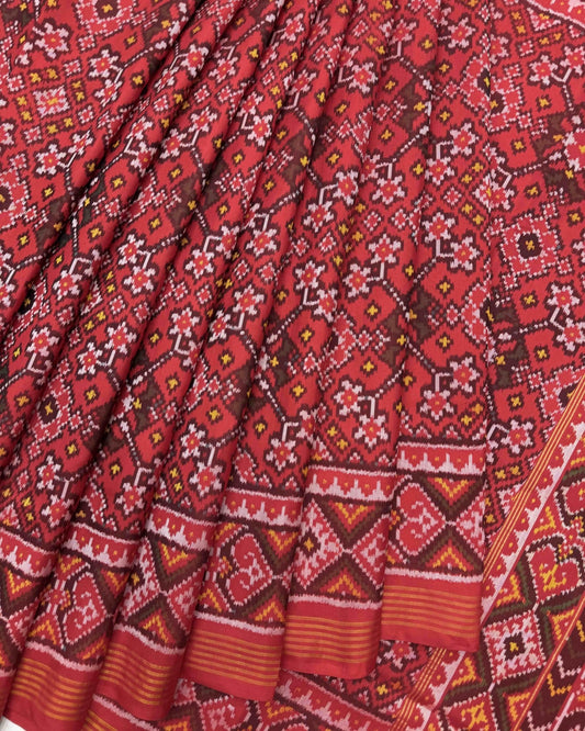 Red Navratan Semi Double Ikat Patola Saree - SindhoiPatolaArt