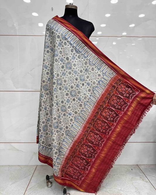 Red & Off White Ajarakh Print Patola Dupatta - SindhoiPatolaArt