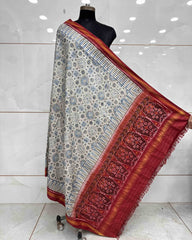 Red & Off White Ajarakh Print Patola Dupatta - SindhoiPatolaArt