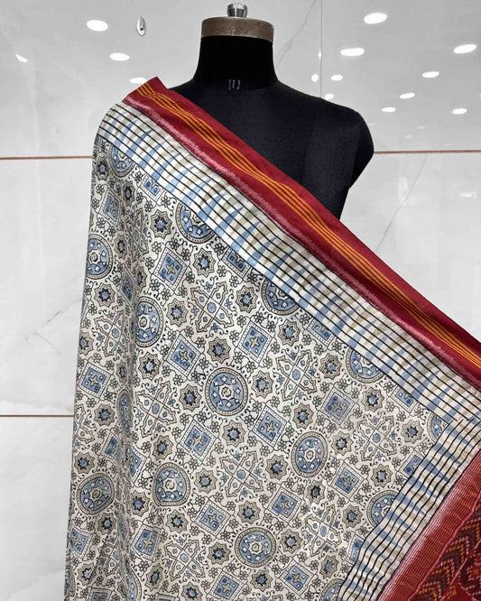 Red & Off White Ajarakh Print Patola Dupatta - SindhoiPatolaArt