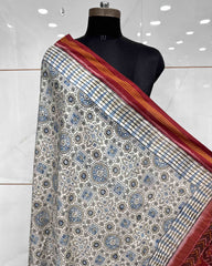 Red & Off White Ajarakh Print Patola Dupatta - SindhoiPatolaArt