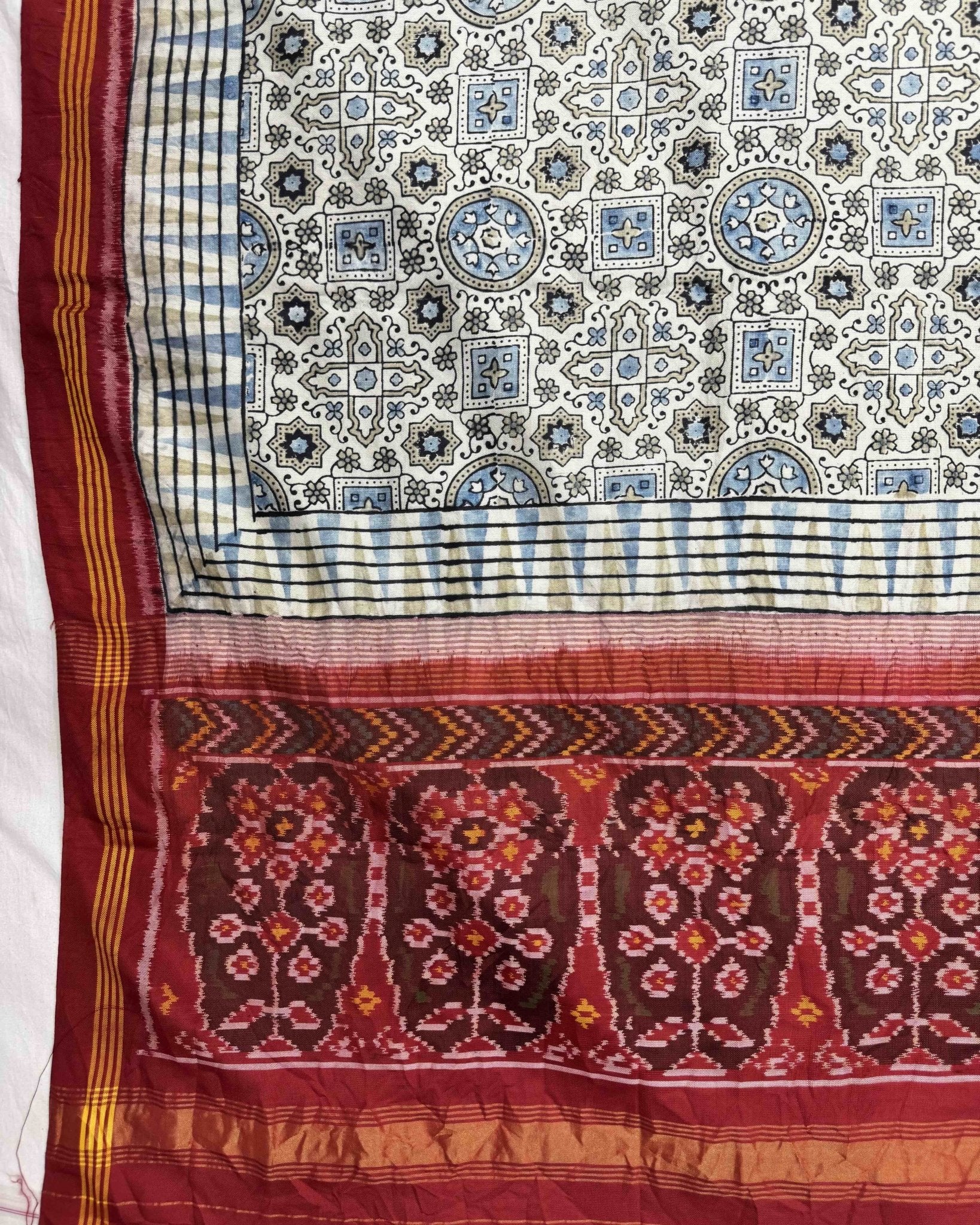 Red & Off White Ajarakh Print Patola Dupatta - SindhoiPatolaArt