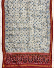 Red & Off White Ajarakh Print Patola Dupatta - SindhoiPatolaArt