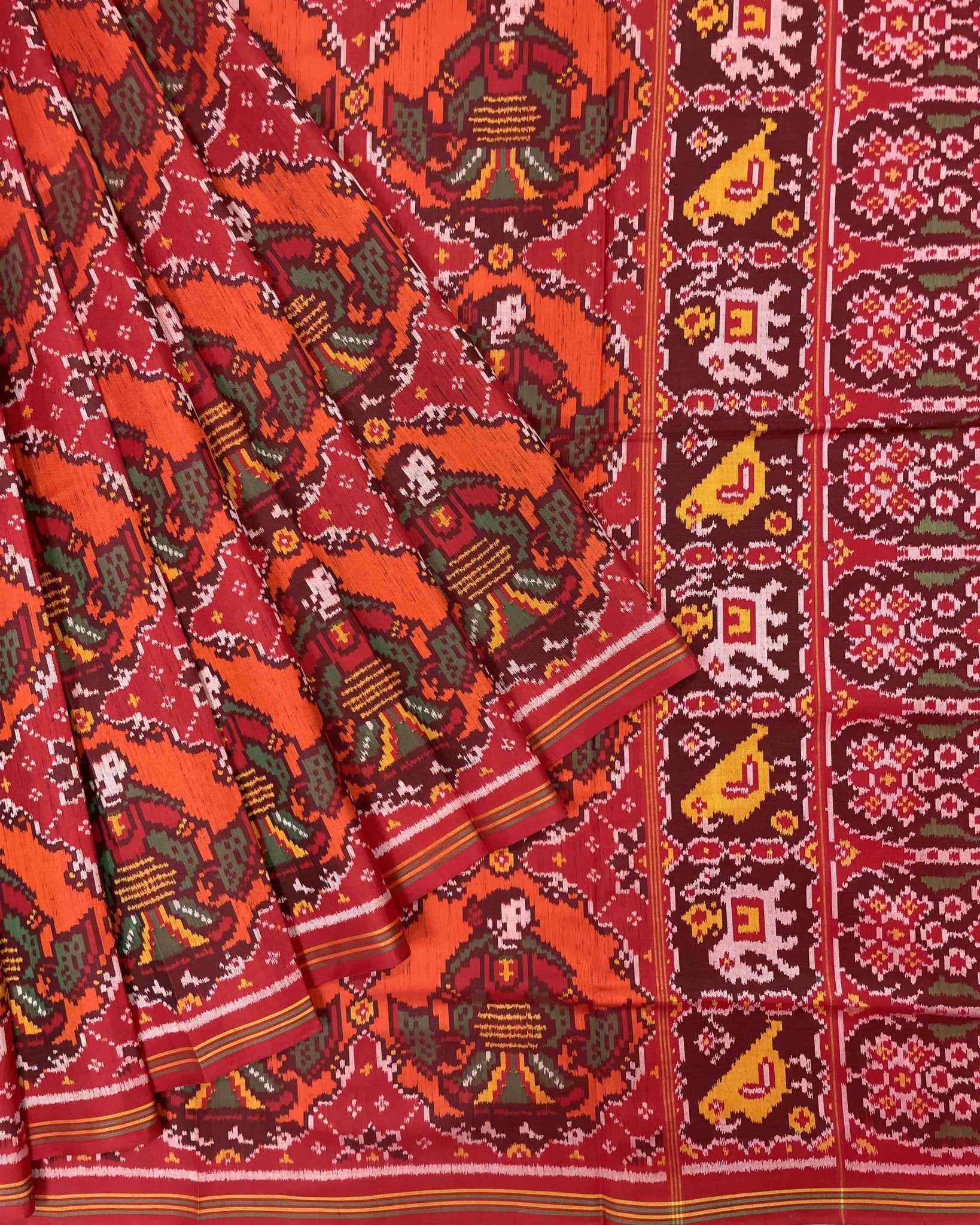 Red & Orange Big Chhabdi Traditional Figure Designer Patola Saree - SindhoiPatolaArt