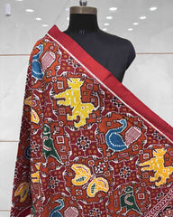 Red & Orange Big Figure Narikunj Chhabdi Patola Dupatta - SindhoiPatolaArt