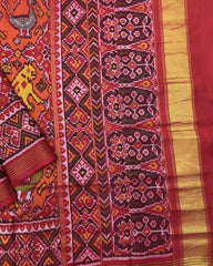 Red & Orange Big Figure Narikunj Chhabdi Semi Double Ikat Patola Saree - SindhoiPatolaArt