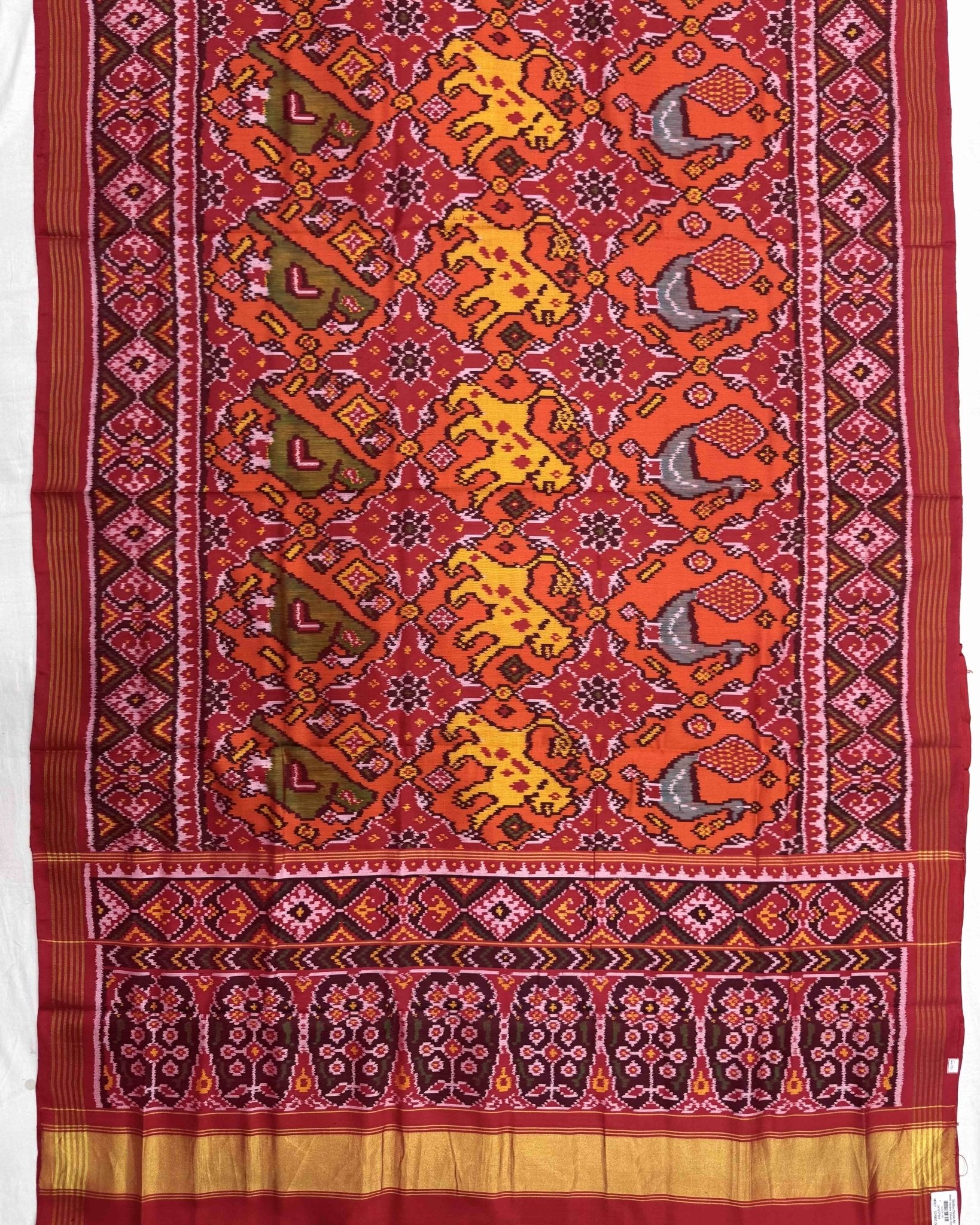 Red & Orange Big Figure Narikunj Chhabdi Semi Double Ikat Patola Saree - SindhoiPatolaArt
