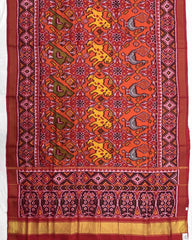Red & Orange Big Figure Narikunj Chhabdi Semi Double Ikat Patola Saree - SindhoiPatolaArt