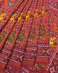 Red & Orange Big Figure Narikunj Chhabdi Semi Double Ikat Patola Saree - SindhoiPatolaArt