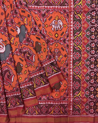 Red & Orange Big Figure Narikunj Chhabdi Semi Double Ikat Patola Saree - SindhoiPatolaArt