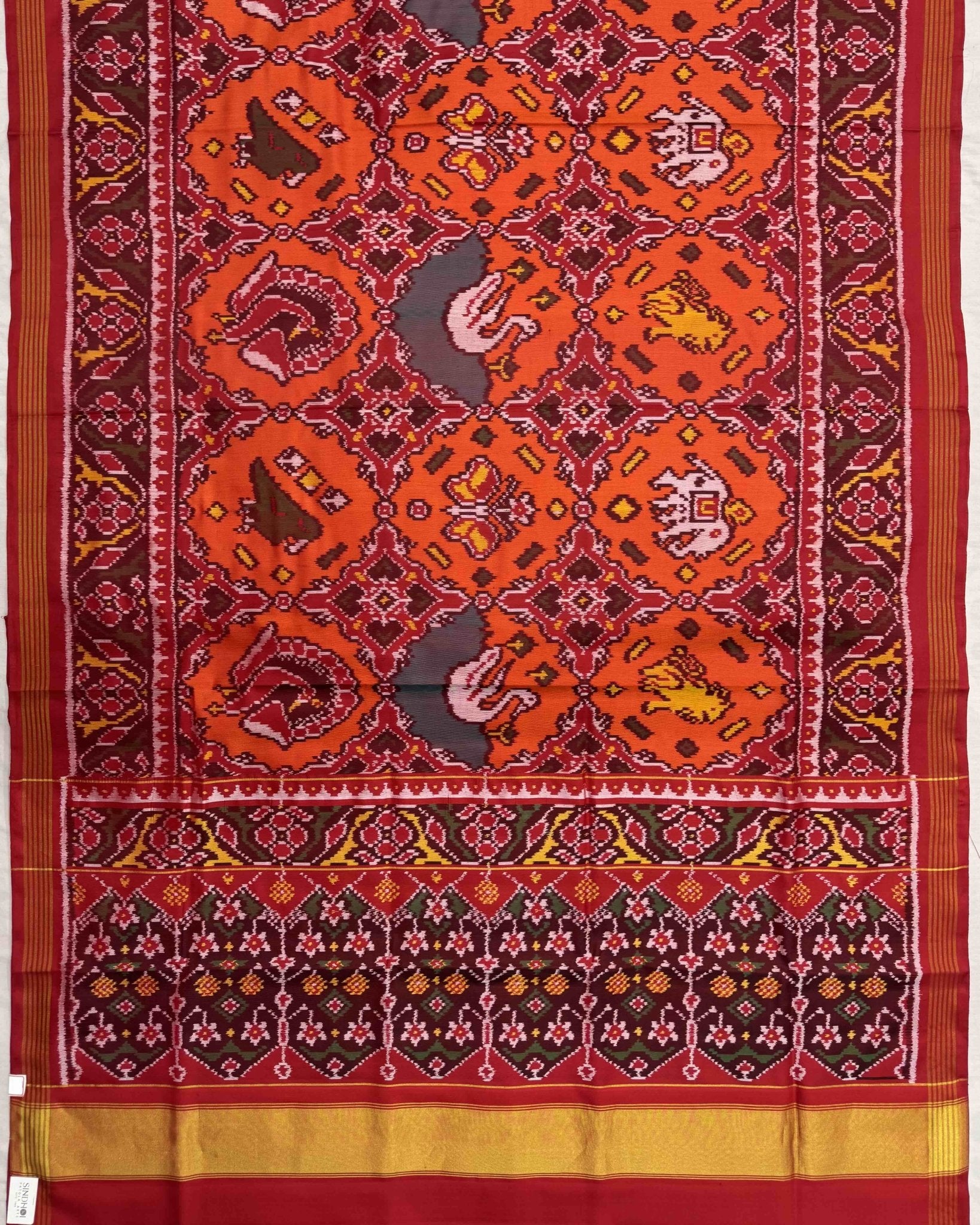 Red & Orange Big Figure Narikunj Chhabdi Semi Double Ikat Patola Saree - SindhoiPatolaArt