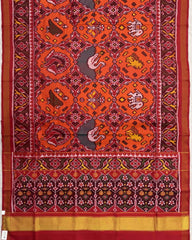 Red & Orange Big Figure Narikunj Chhabdi Semi Double Ikat Patola Saree - SindhoiPatolaArt