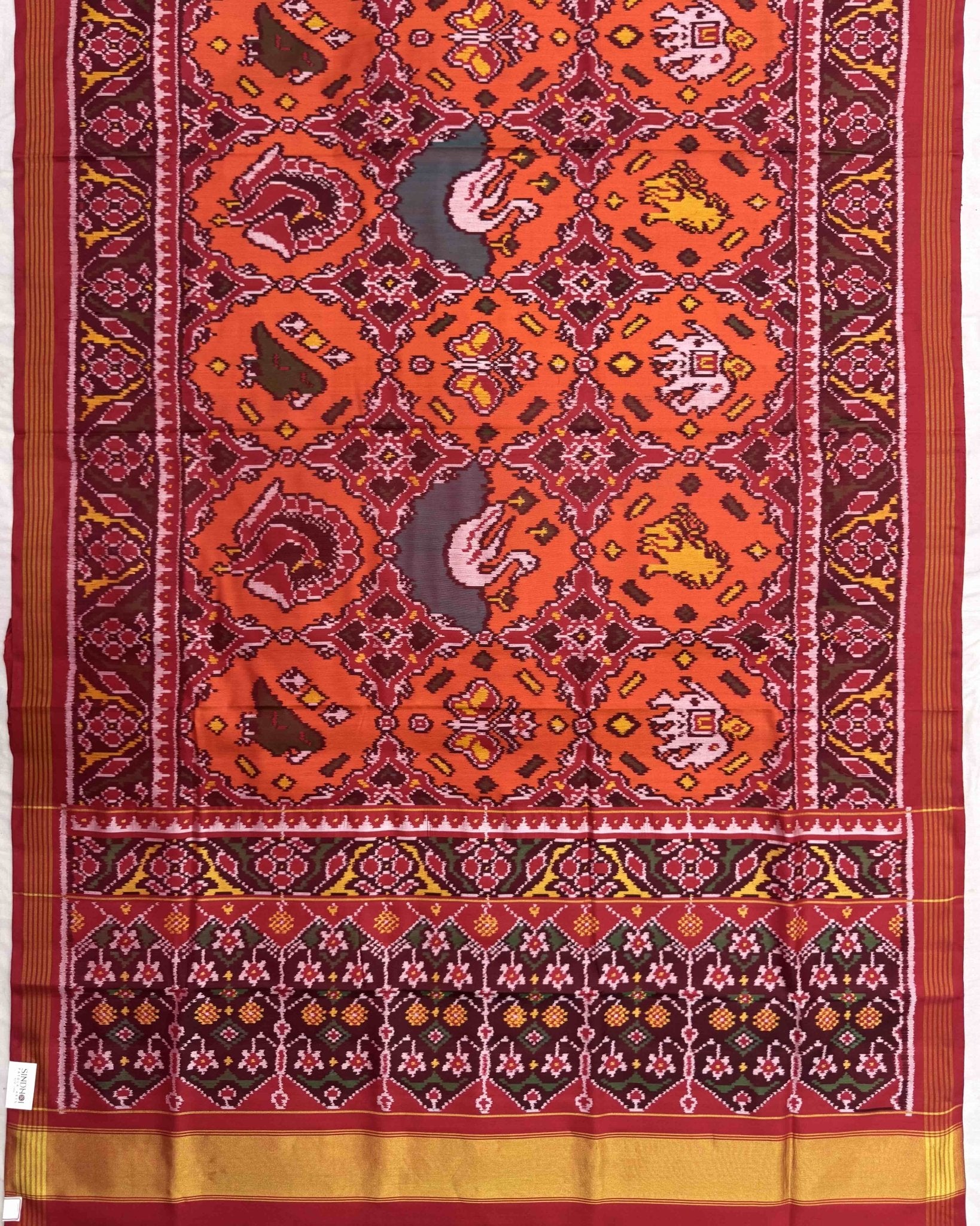 Red & Orange Big Figure Narikunj Chhabdi Semi Double Ikat Patola Saree - SindhoiPatolaArt