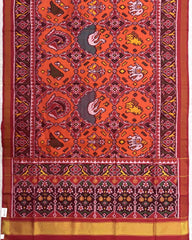 Red & Orange Big Figure Narikunj Chhabdi Semi Double Ikat Patola Saree - SindhoiPatolaArt