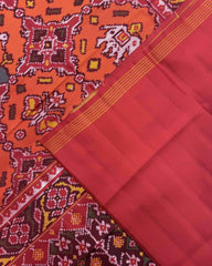 Red & Orange Big Figure Narikunj Chhabdi Semi Double Ikat Patola Saree - SindhoiPatolaArt