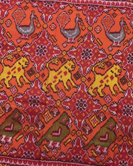 Red & Orange Big Figure Narikunj Chhabdi Semi Double Ikat Patola Saree - SindhoiPatolaArt