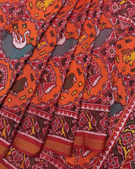 Red & Orange Big Figure Narikunj Chhabdi Semi Double Ikat Patola Saree - SindhoiPatolaArt