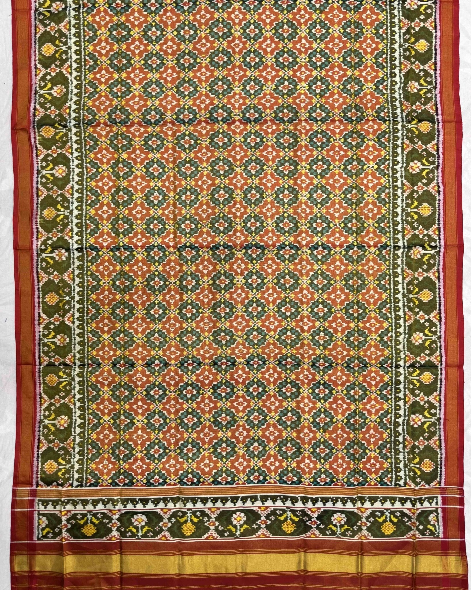 Red & Orange Buttonful Tissue Semi Double Ikat Patola Dupatta - SindhoiPatolaArt