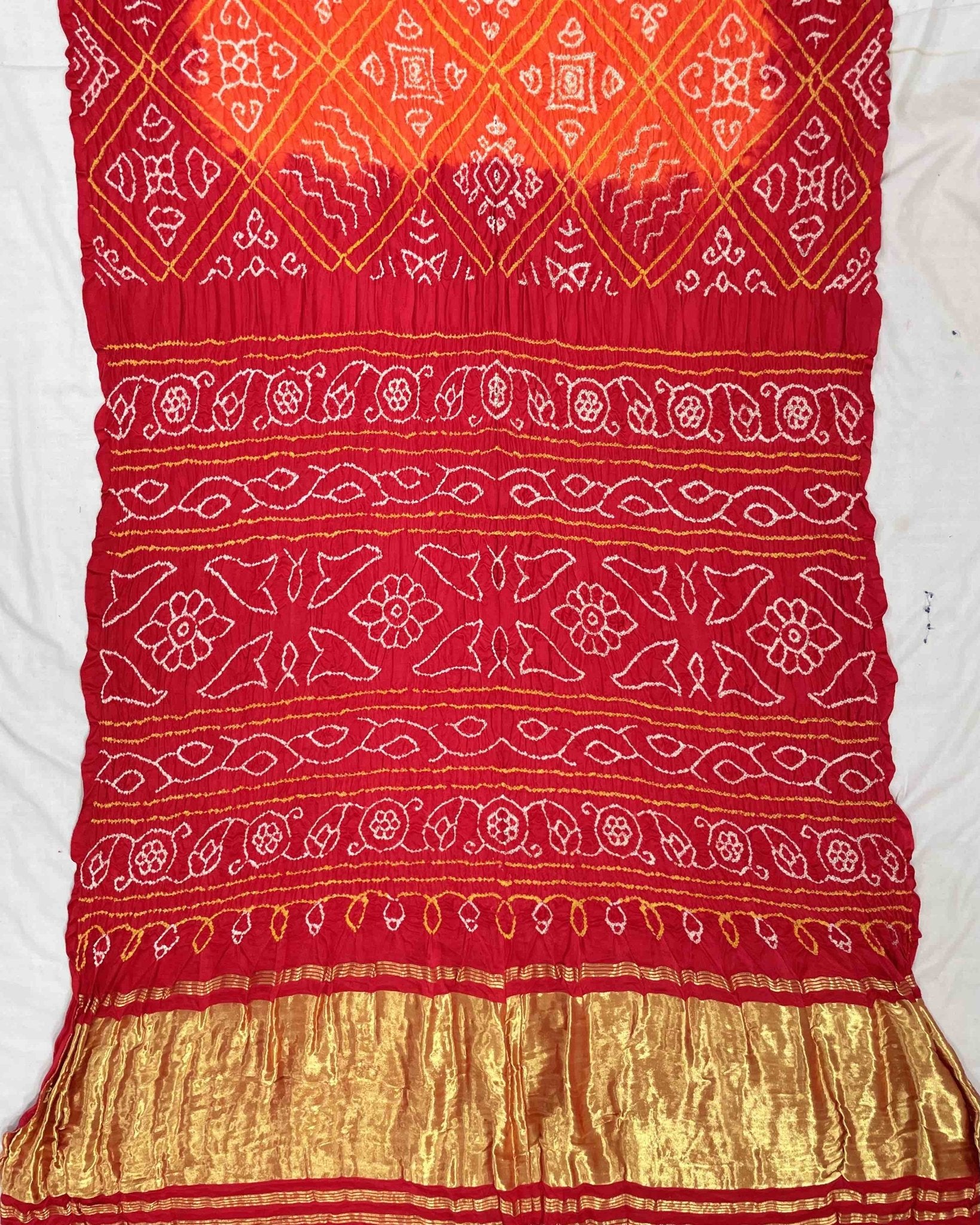 Red & Orange Gajji Silk Bandhani Saree - SindhoiPatolaArt