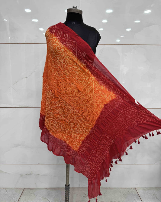 Red & Orange Georgette Bandhani Dupatta - SindhoiPatolaArt