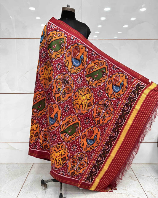 Red & Orange Narikunj Chhbdi Twill Patola Dupatta - SindhoiPatolaArt