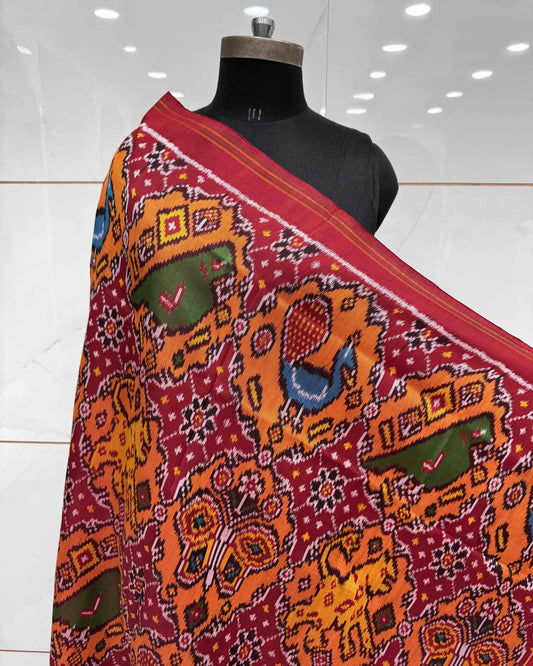 Red & Orange Narikunj Chhbdi Twill Patola Dupatta - SindhoiPatolaArt