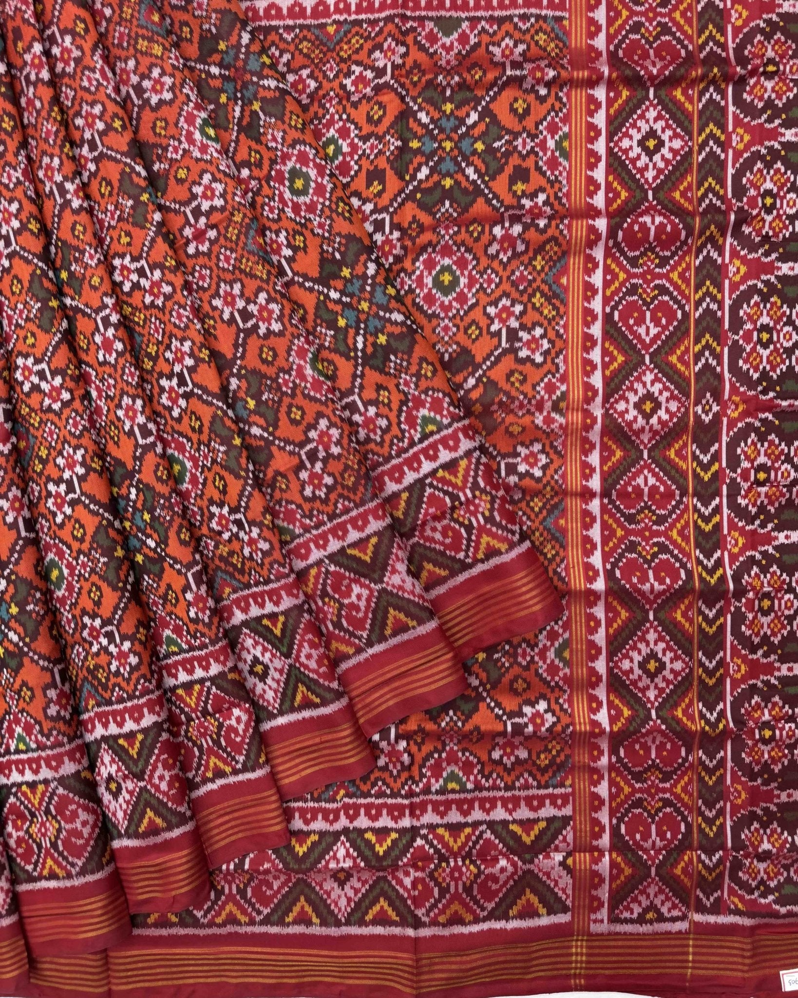 Red & Orange Navratan Semi Double Ikat Patola Saree - SindhoiPatolaArt