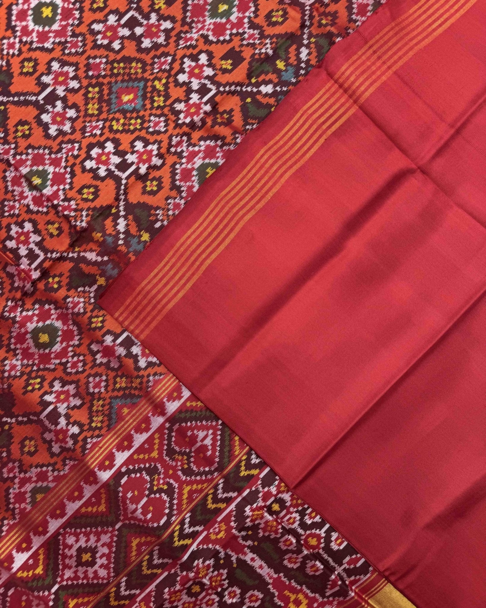 Red & Orange Navratan Semi Double Ikat Patola Saree - SindhoiPatolaArt