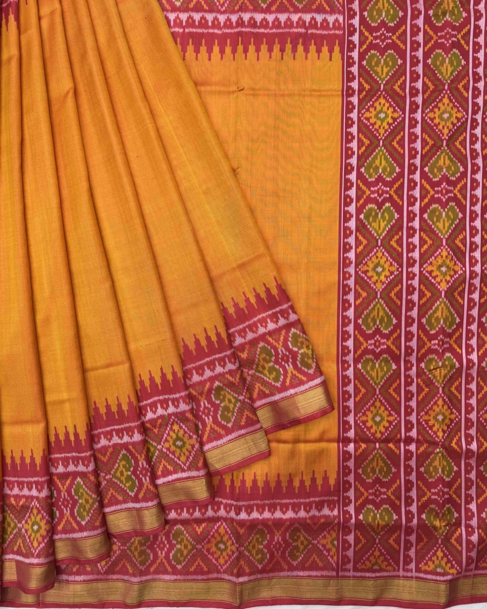 Red & Orange Yellow Plain Patola Saree - SindhoiPatolaArt