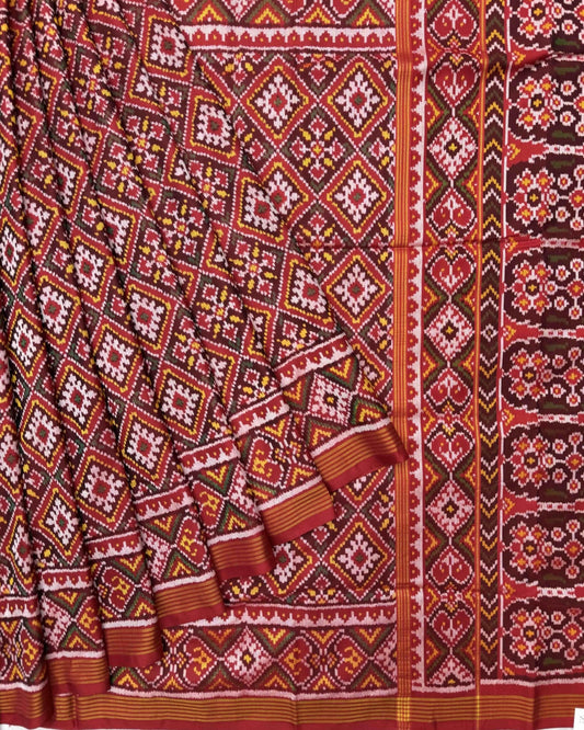 Red Panchanda Semi Double Ikat Patola Saree - SindhoiPatolaArt