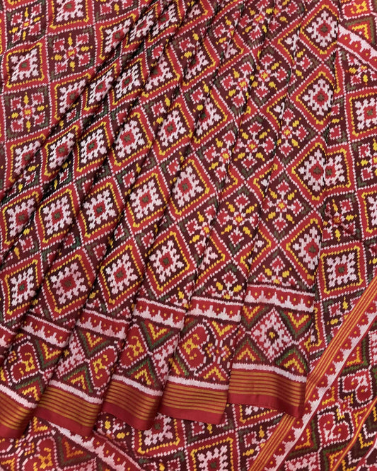 Red Panchanda Semi Double Ikat Patola Saree - SindhoiPatolaArt