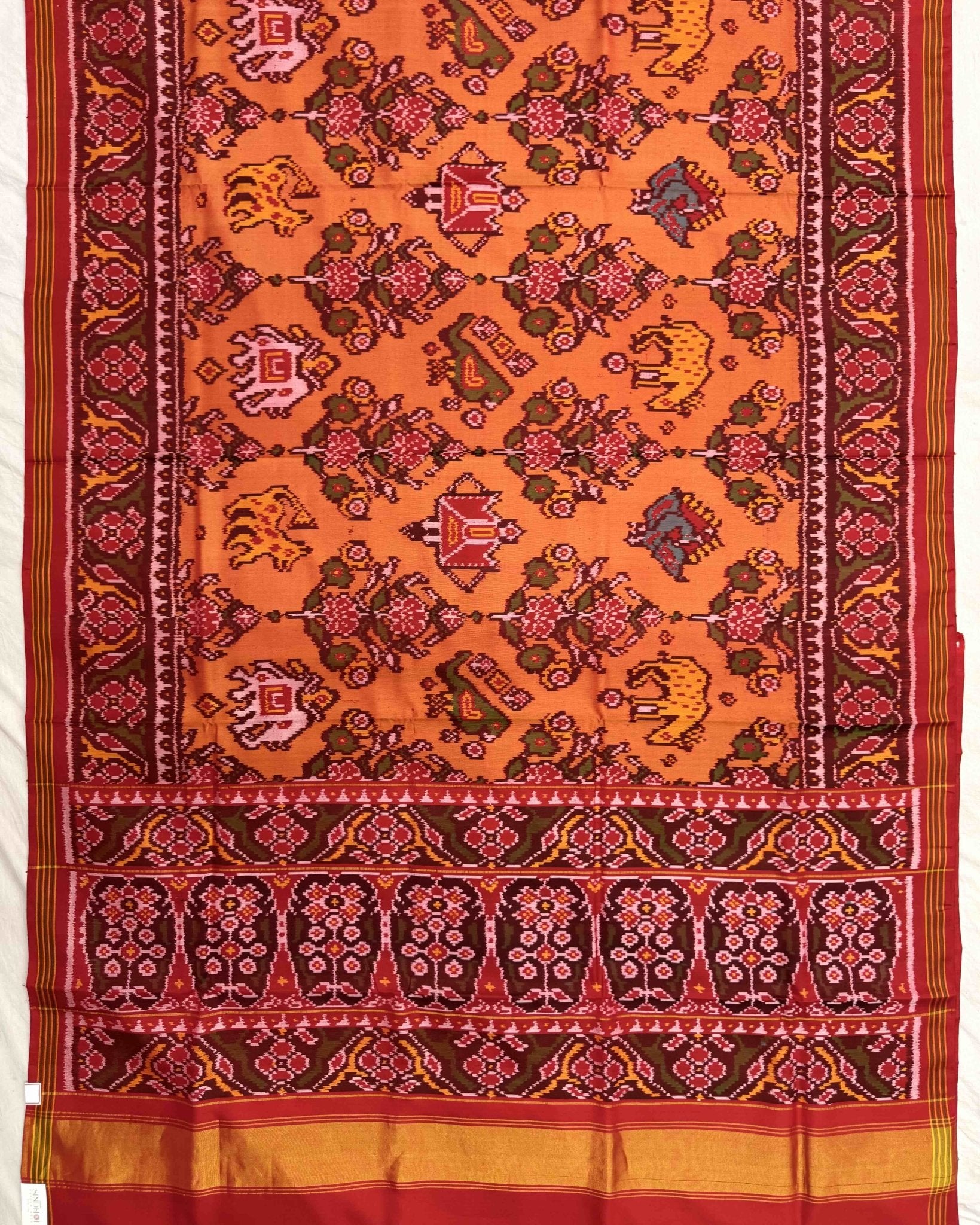 Red & Peach Orange Narikunj Flower Semi Double Ikat Patola Saree - SindhoiPatolaArt
