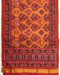 Red & Peach Orange Narikunj Flower Semi Double Ikat Patola Saree - SindhoiPatolaArt