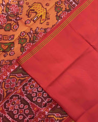 Red & Peach Orange Narikunj Flower Semi Double Ikat Patola Saree - SindhoiPatolaArt