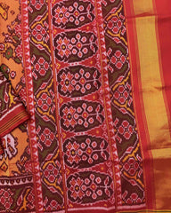 Red & Peach Orange Narikunj Flower Semi Double Ikat Patola Saree - SindhoiPatolaArt