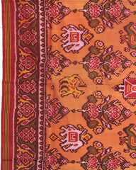 Red & Peach Orange Narikunj Flower Semi Double Ikat Patola Saree - SindhoiPatolaArt