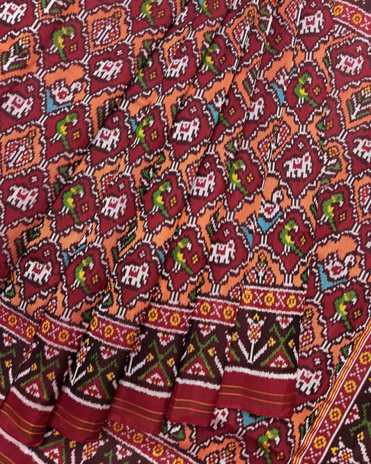 Red & Peach Small Narikunj Twill Patola Saree - SindhoiPatolaArt