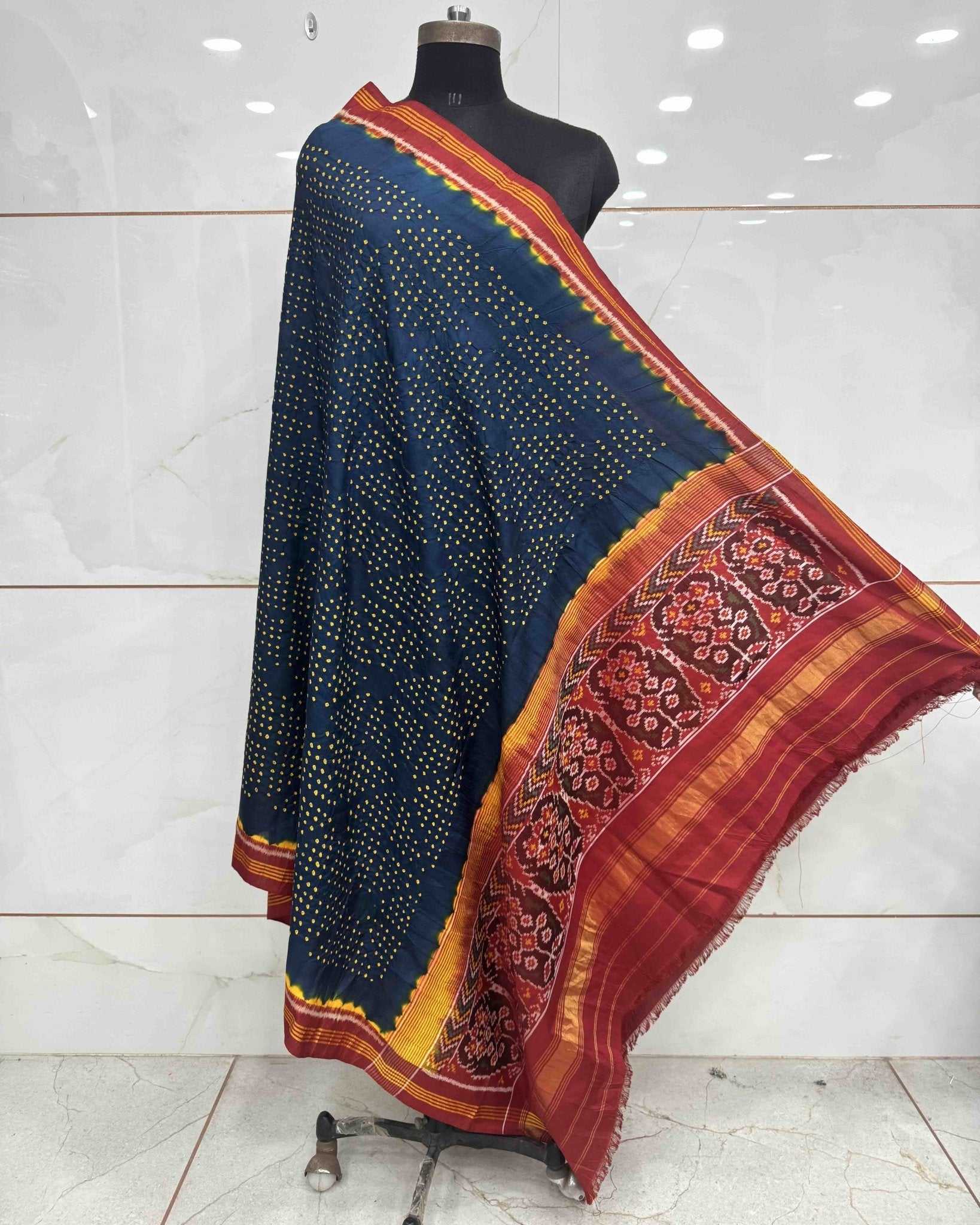 Red & Peacock Blue Bandhani Patola Dupatta - SindhoiPatolaArt