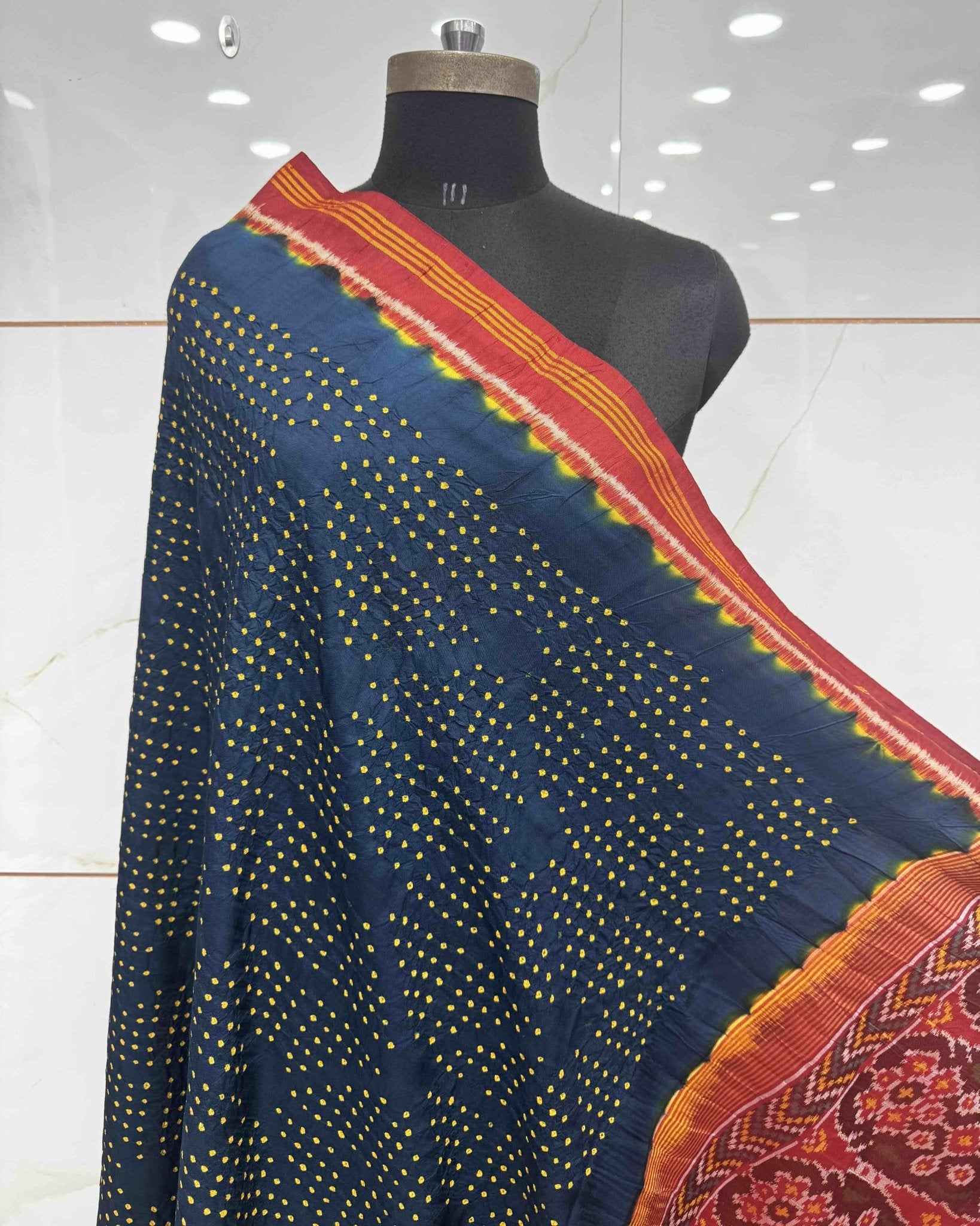 Red & Peacock Blue Bandhani Patola Dupatta - SindhoiPatolaArt