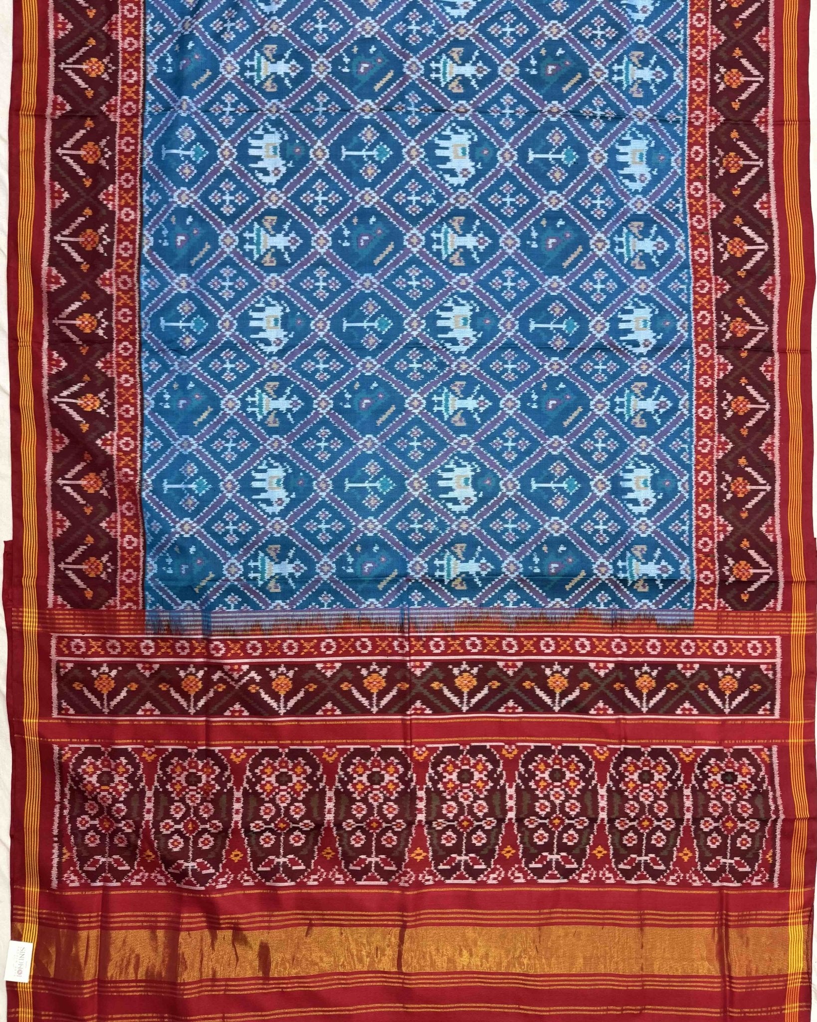 Red & Peacock Blue Narikunj Semi Double Ikat Patola Saree - SindhoiPatolaArt